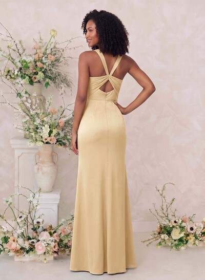 Sheath/Column Square Neckline Crepe Satin Bridesmaid Dresses With High Split