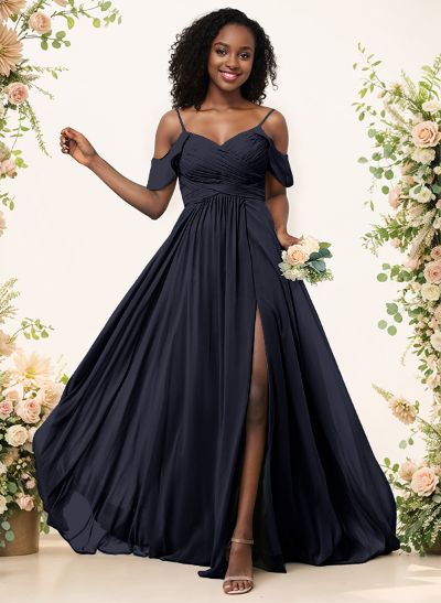 A-Line V-Neck Sleeveless Floor-Length Chiffon(Non-Stretch) Brides Dress