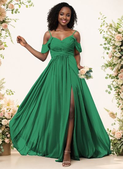 A-Line V-Neck Sleeveless Floor-Length Chiffon(Non-Stretch) Brides Dress