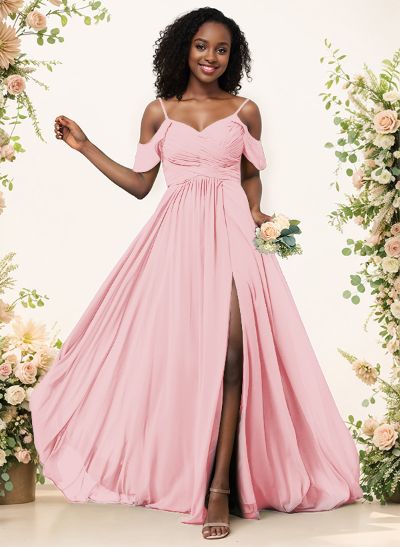 A-Line V-Neck Sleeveless Floor-Length Chiffon(Non-Stretch) Brides Dress
