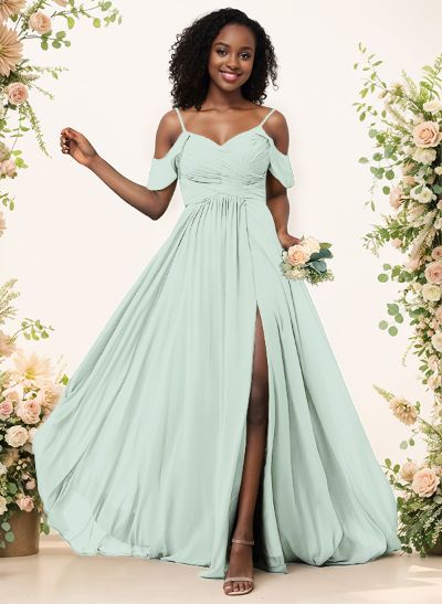 A-Line V-Neck Sleeveless Floor-Length Chiffon(Non-Stretch) Brides Dress