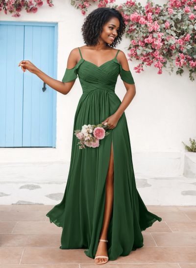 A-Line V-Neck Sleeveless Floor-Length Chiffon(Non-Stretch) Brides Dress