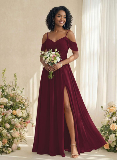 A-Line V-Neck Sleeveless Floor-Length Chiffon(Non-Stretch) Brides Dress