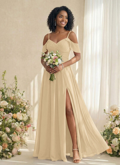 A-Line V-Neck Sleeveless Floor-Length Chiffon(Non-Stretch) Brides Dress