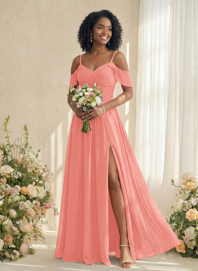 A-Line V-Neck Sleeveless Floor-Length Chiffon(Non-Stretch) Brides Dress