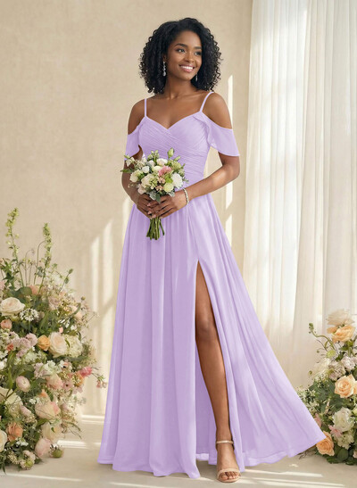 A-Line V-Neck Sleeveless Floor-Length Chiffon(Non-Stretch) Brides Dress