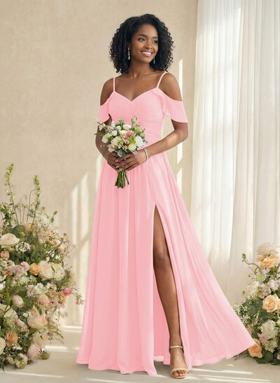 A-Line V-Neck Sleeveless Floor-Length Chiffon(Non-Stretch) Brides Dress