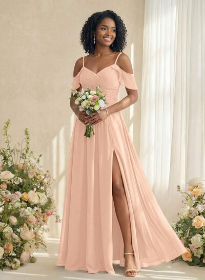 A-Line V-Neck Sleeveless Floor-Length Chiffon(Non-Stretch) Brides Dress