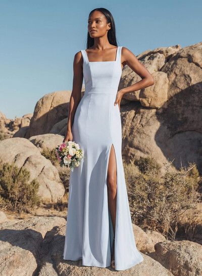 Sheath/Column Chiffon(Non-Stretch) Bridesmaid Dress With High Split