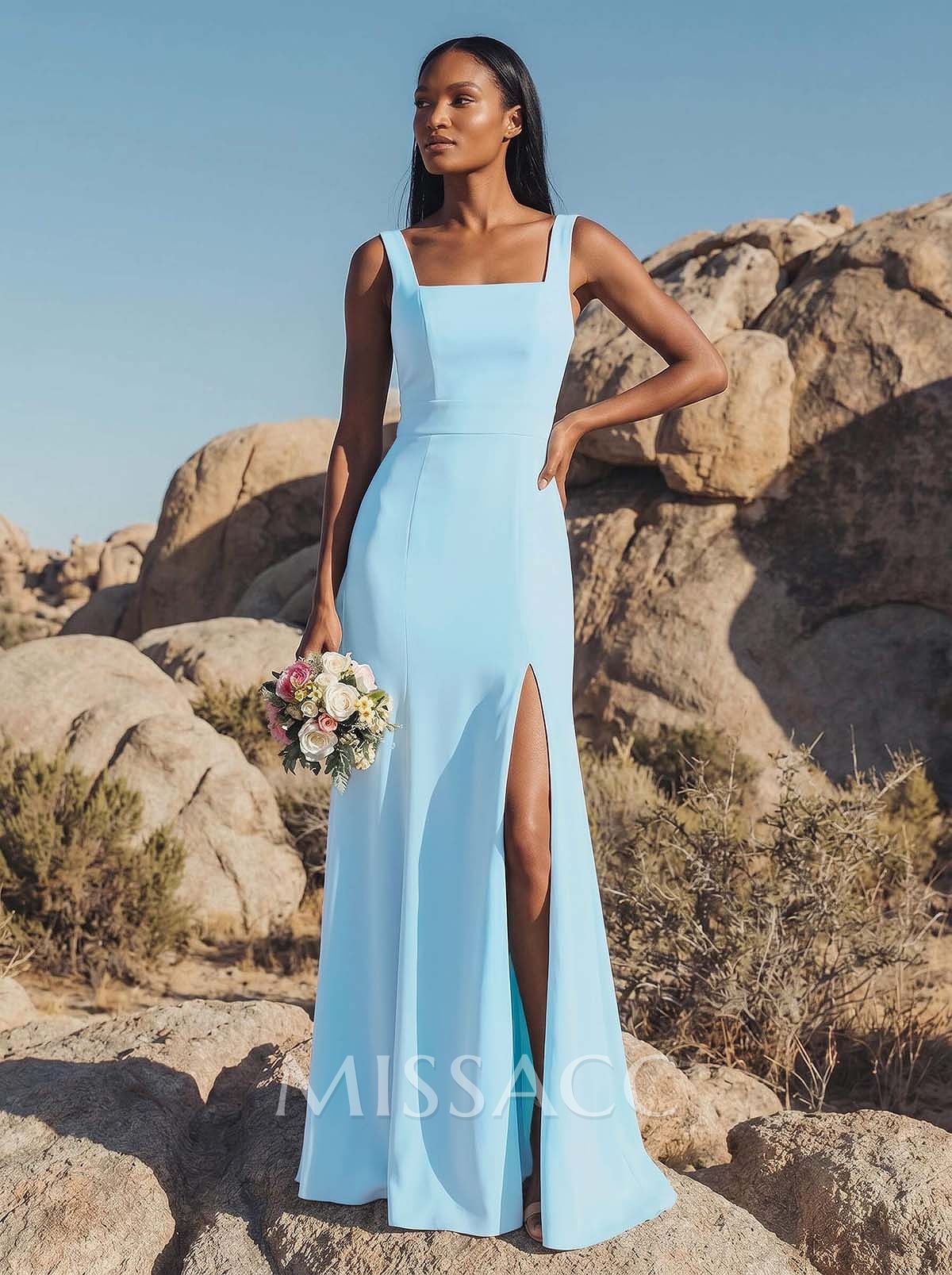 Sheath/Column Chiffon(Non-Stretch) Bridesmaid Dress With High Split