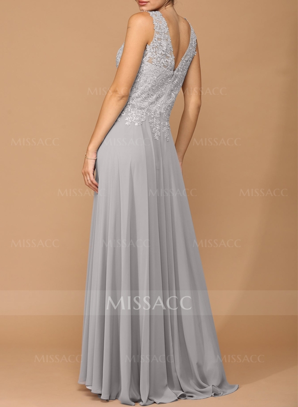 A-Line V-Neck Sleeveless Sweep Train Chiffon Bridesmaid Dresses With Lace