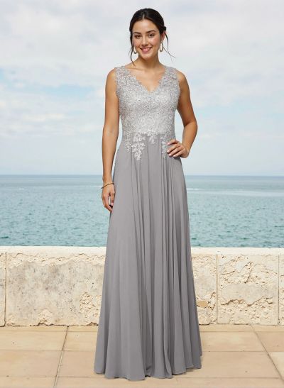 A-Line V-Neck Sleeveless Sweep Train Chiffon Bridesmaid Dresses With Lace