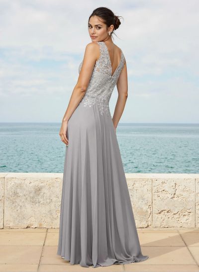 A-Line V-Neck Sleeveless Sweep Train Chiffon Bridesmaid Dresses With Lace