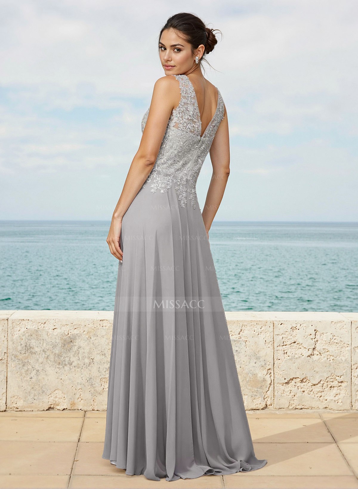 A-Line V-Neck Sleeveless Sweep Train Chiffon Bridesmaid Dresses With Lace