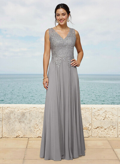 A-Line V-Neck Sleeveless Sweep Train Chiffon Bridesmaid Dresses With Lace