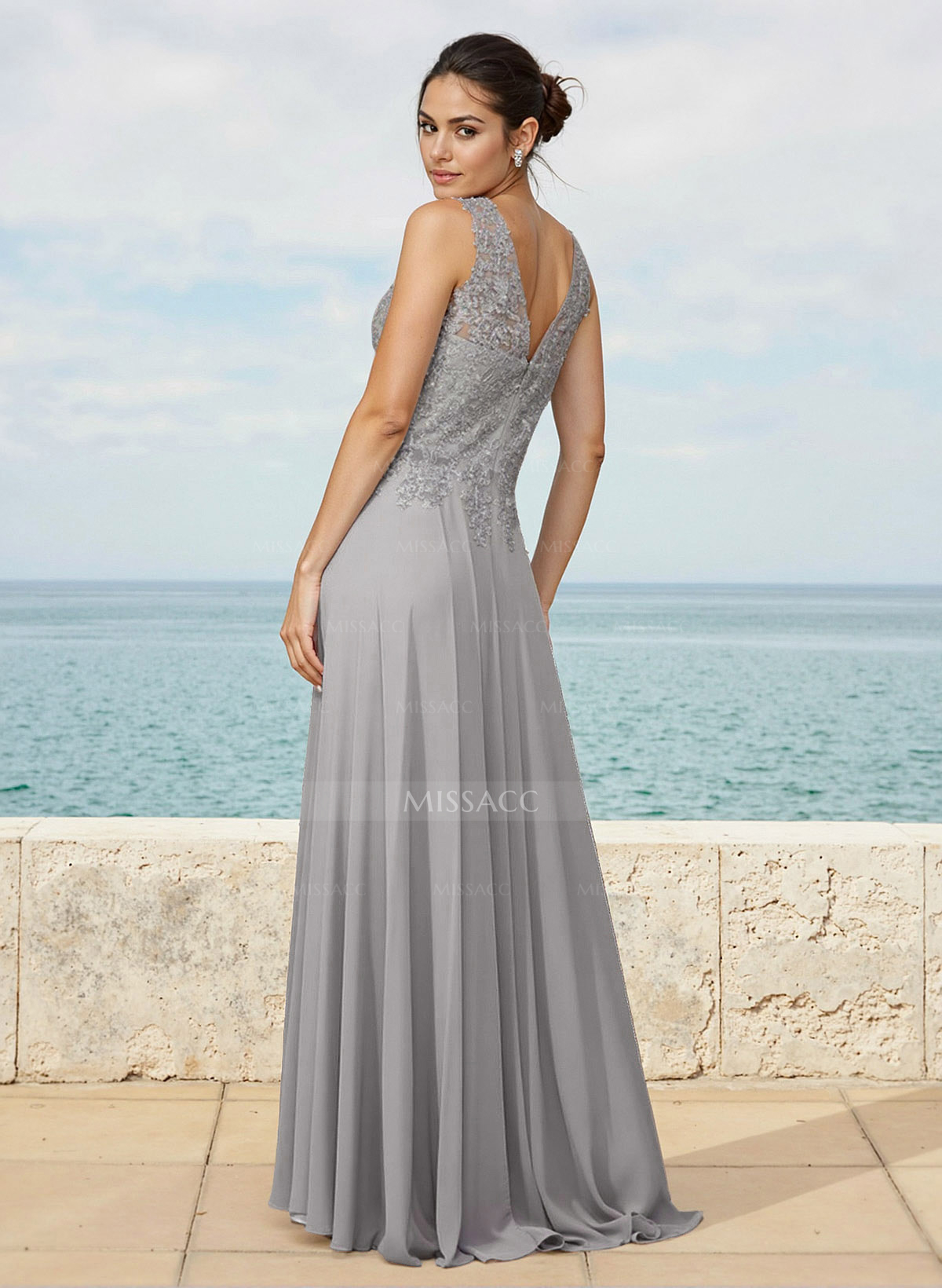 A-Line V-Neck Sleeveless Sweep Train Chiffon Bridesmaid Dresses With Lace