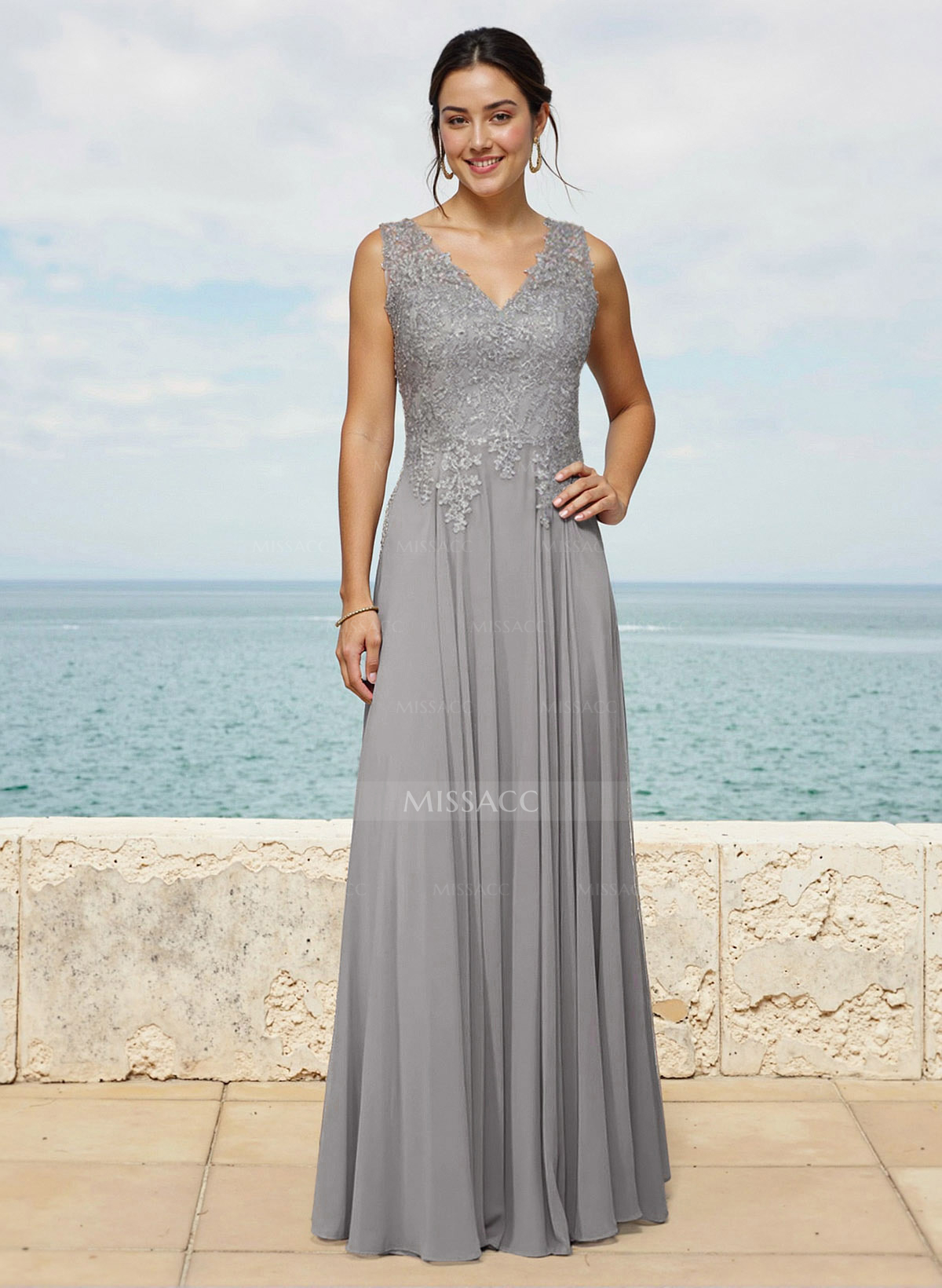 A-Line V-Neck Sleeveless Sweep Train Chiffon Bridesmaid Dresses With Lace