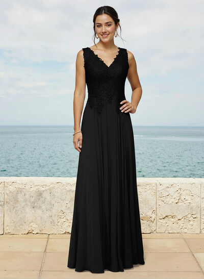 A-Line V-Neck Sleeveless Sweep Train Chiffon Bridesmaid Dresses With Lace