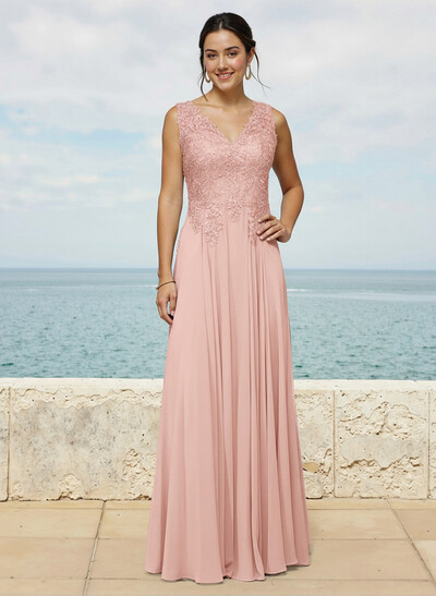 A-Line V-Neck Sleeveless Sweep Train Chiffon Bridesmaid Dresses With Lace