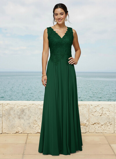 A-Line V-Neck Sleeveless Sweep Train Chiffon Bridesmaid Dresses With Lace