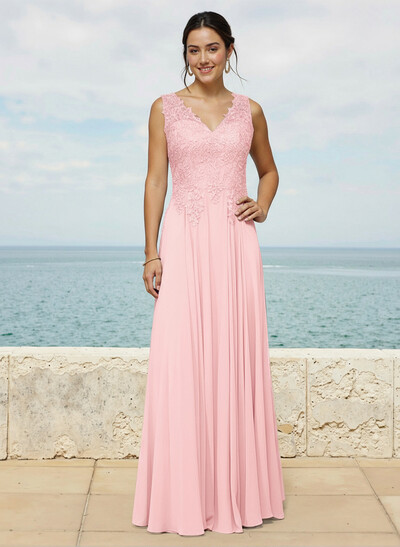 A-Line V-Neck Sleeveless Sweep Train Chiffon Bridesmaid Dresses With Lace