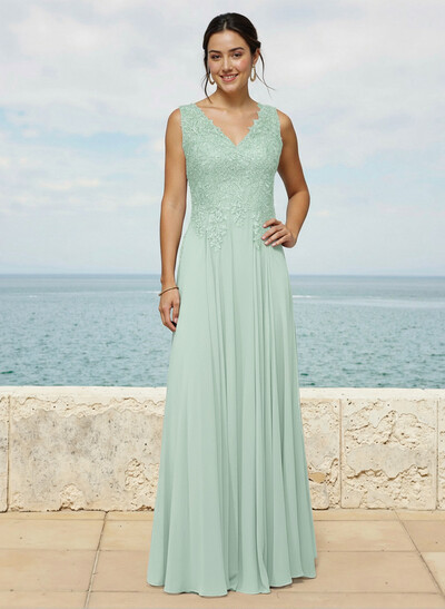 A-Line V-Neck Sleeveless Sweep Train Chiffon Bridesmaid Dresses With Lace