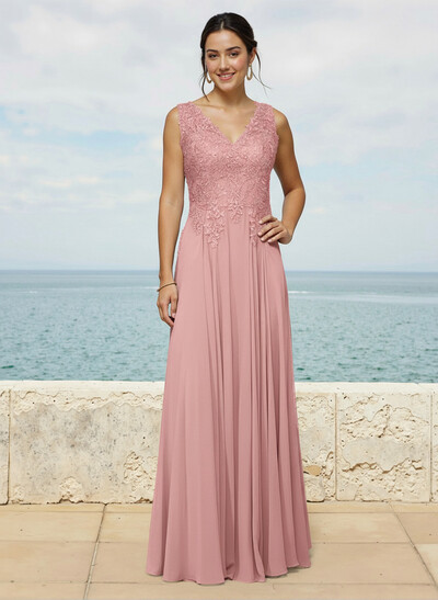 A-Line V-Neck Sleeveless Sweep Train Chiffon Bridesmaid Dresses With Lace