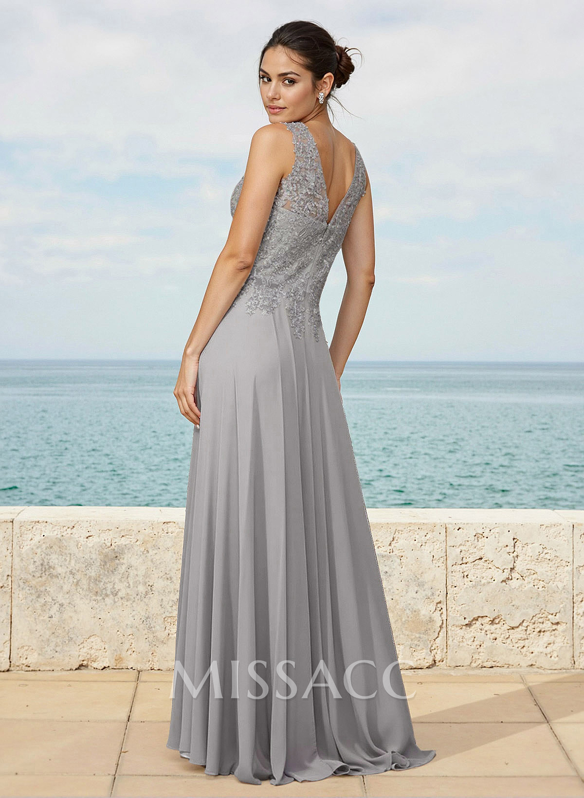 A-Line V-Neck Sleeveless Sweep Train Chiffon Bridesmaid Dresses With Lace A-Line V-Neck Sleeveless Sweep Train Chiffon Bridesmaid Dresses With Lace