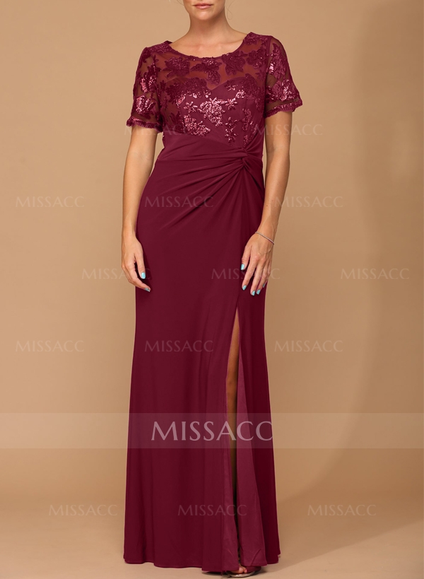 Sheath/Column Scoop Neck Chiffon Bridesmaid Dresses With Sequins/High Split