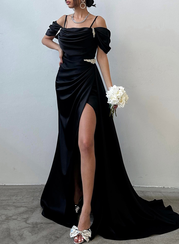 Sheath/Column Off-The-Shoulder Silk Like Satin Bridesmaid Dresses With High Split