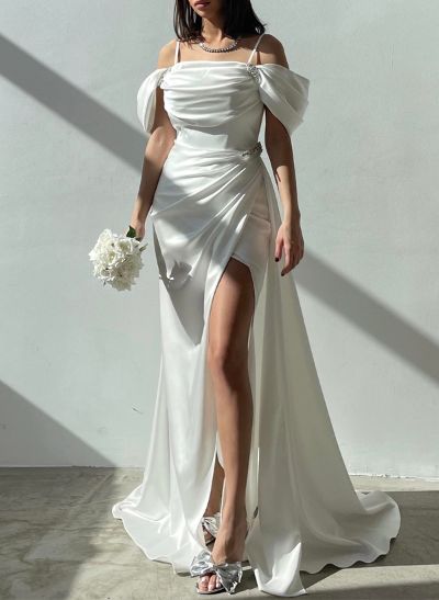 Sheath/Column Off-The-Shoulder Silk Like Satin Bridesmaid Dresses With High Split