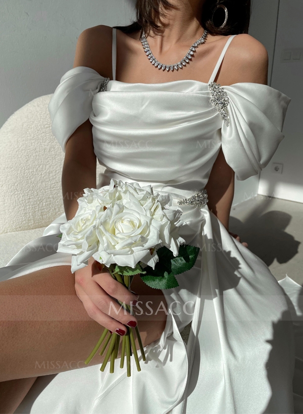 Sheath/Column Off-The-Shoulder Silk Like Satin Bridesmaid Dresses With High Split