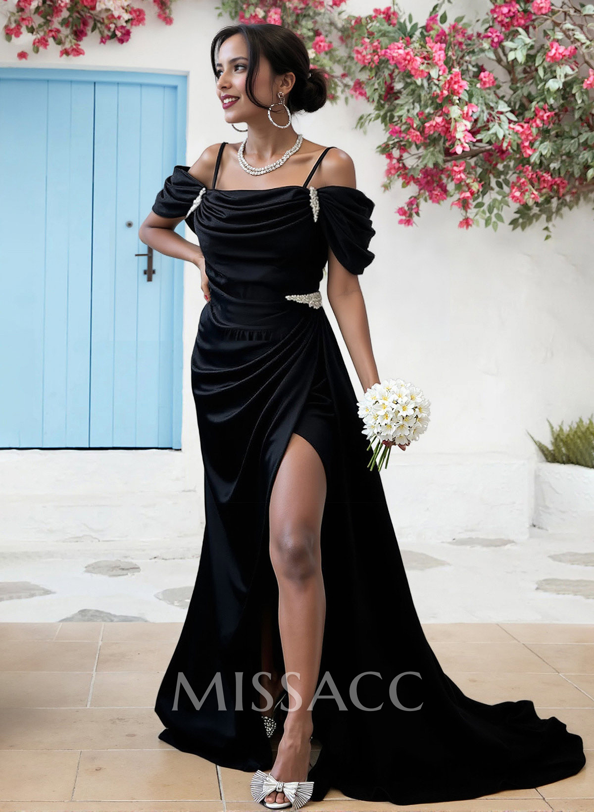Sheath/Column Off-The-Shoulder Silk Like Satin Bridesmaid Dresses With High Split Sheath/Column Off-The-Shoulder Silk Like Satin Bridesmaid Dresses With High Split