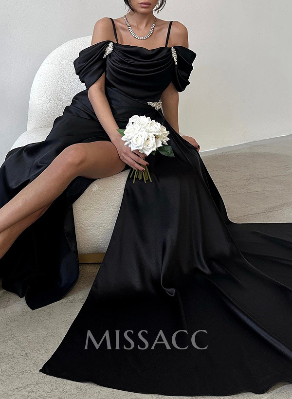 Sheath/Column Off-The-Shoulder Silk Like Satin Bridesmaid Dresses With High Split Sheath/Column Off-The-Shoulder Silk Like Satin Bridesmaid Dresses With High Split