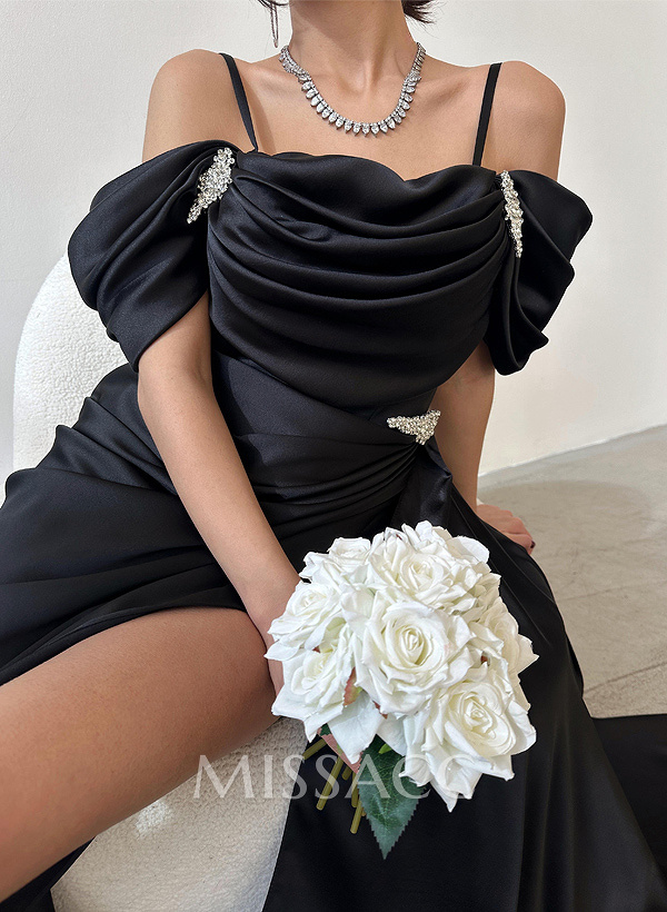 Sheath/Column Off-The-Shoulder Silk Like Satin Bridesmaid Dresses With High Split Sheath/Column Off-The-Shoulder Silk Like Satin Bridesmaid Dresses With High Split