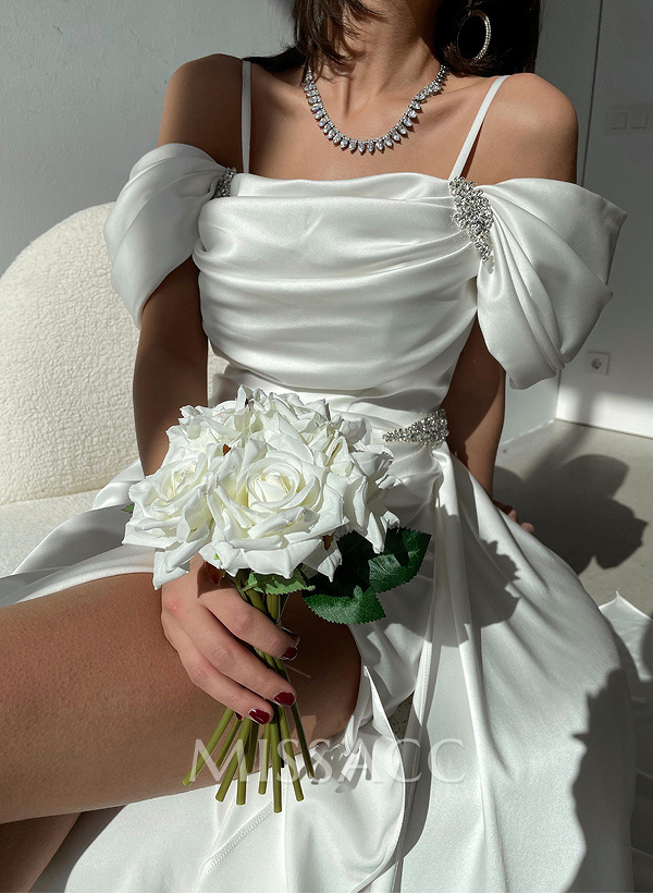 Sheath/Column Off-The-Shoulder Silk Like Satin Bridesmaid Dresses With High Split Sheath/Column Off-The-Shoulder Silk Like Satin Bridesmaid Dresses With High Split