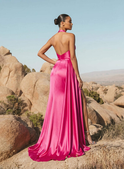 Sheath/Column Halter Sweep Train Charmeuse Bridesmaid Dresses With High Split