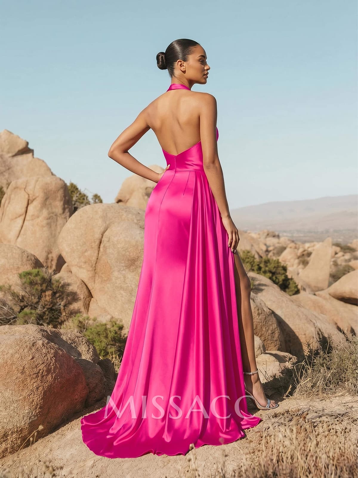 Sheath/Column Halter Sweep Train Charmeuse Bridesmaid Dresses With High Split
