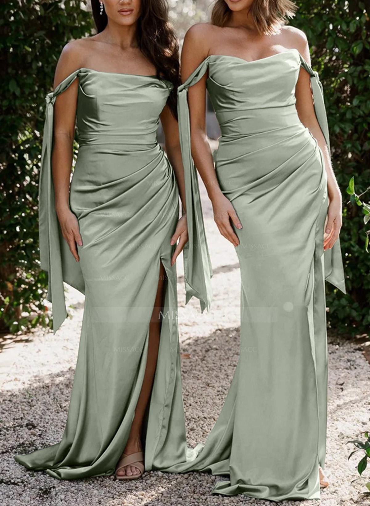 Sheath/Column Off-The-Shoulder Silk Like Satin Bridesmaid Dresses With High Split