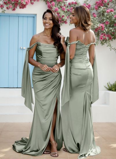 Sheath/Column Off-The-Shoulder Silk Like Satin Bridesmaid Dresses With High Split