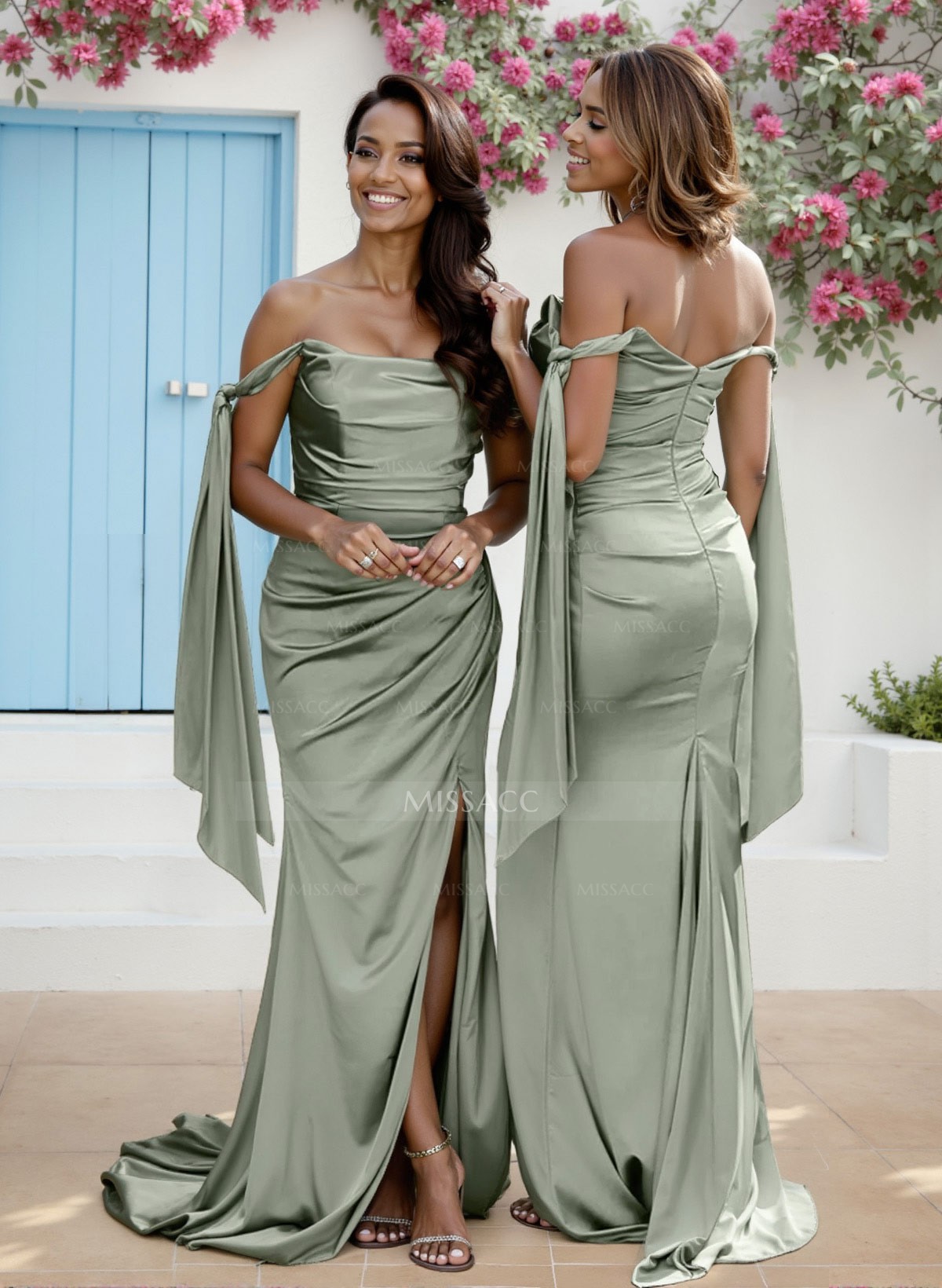 Sheath/Column Off-The-Shoulder Silk Like Satin Bridesmaid Dresses With High Split