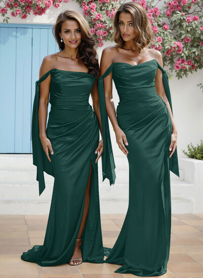 Sheath/Column Off-The-Shoulder Silk Like Satin Bridesmaid Dresses With High Split