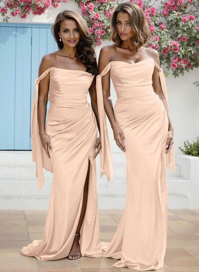 Sheath/Column Off-The-Shoulder Silk Like Satin Bridesmaid Dresses With High Split