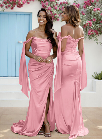 Sheath/Column Off-The-Shoulder Silk Like Satin Bridesmaid Dresses With High Split