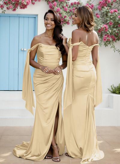 Sheath/Column Off-The-Shoulder Silk Like Satin Bridesmaid Dresses With High Split