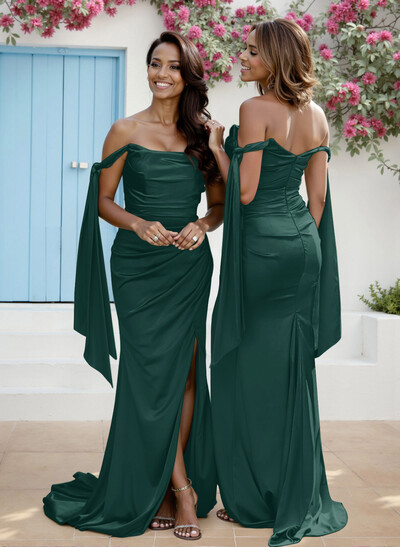 Sheath/Column Off-The-Shoulder Silk Like Satin Bridesmaid Dresses With High Split