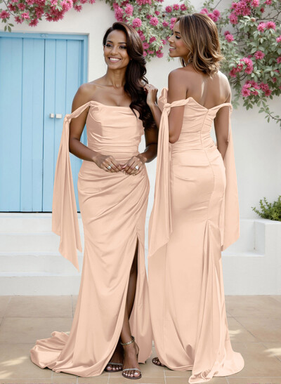 Sheath/Column Off-The-Shoulder Silk Like Satin Bridesmaid Dresses With High Split