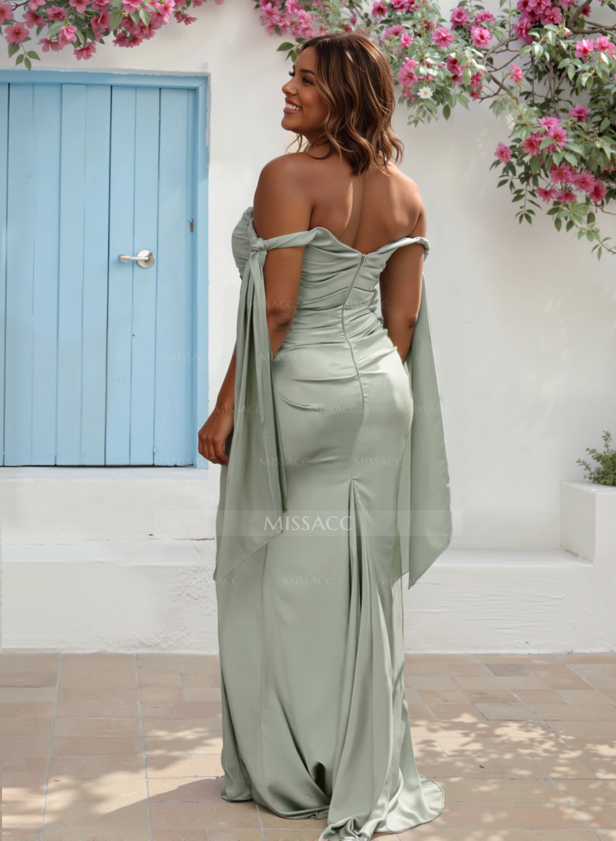 Sheath/Column Off-The-Shoulder Silk Like Satin Bridesmaid Dresses With High Split