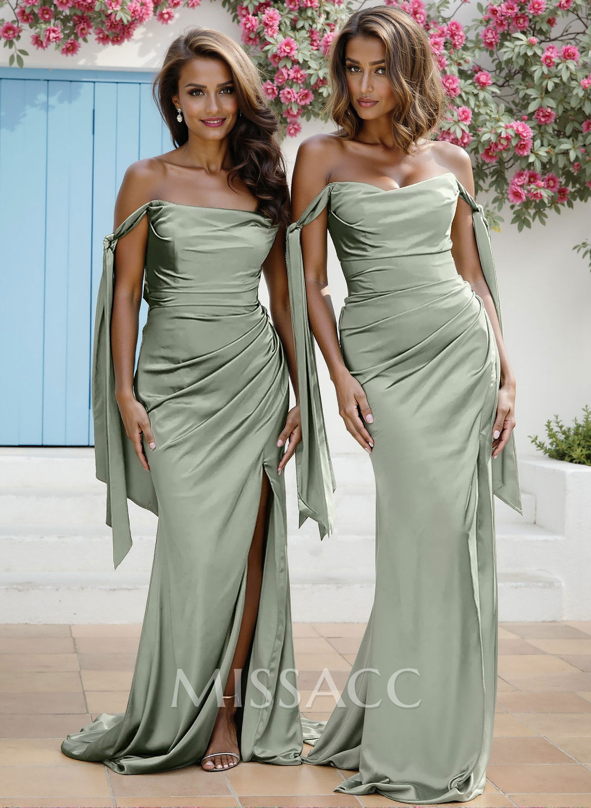 Sheath/Column Off-The-Shoulder Silk Like Satin Bridesmaid Dresses With High Split Sheath/Column Off-The-Shoulder Silk Like Satin Bridesmaid Dresses With High Split