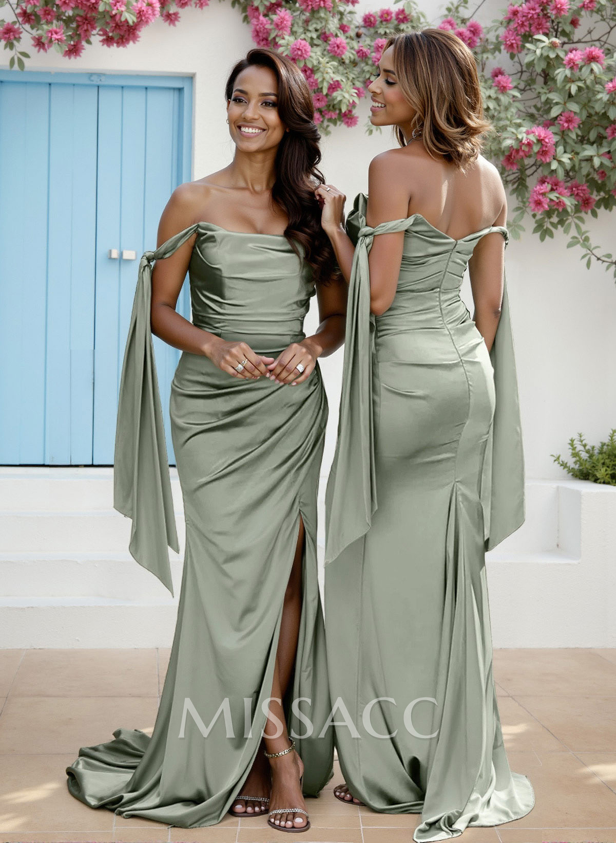Sheath/Column Off-The-Shoulder Silk Like Satin Bridesmaid Dresses With High Split Sheath/Column Off-The-Shoulder Silk Like Satin Bridesmaid Dresses With High Split